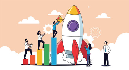 Business growth concept with rocket and diverse team