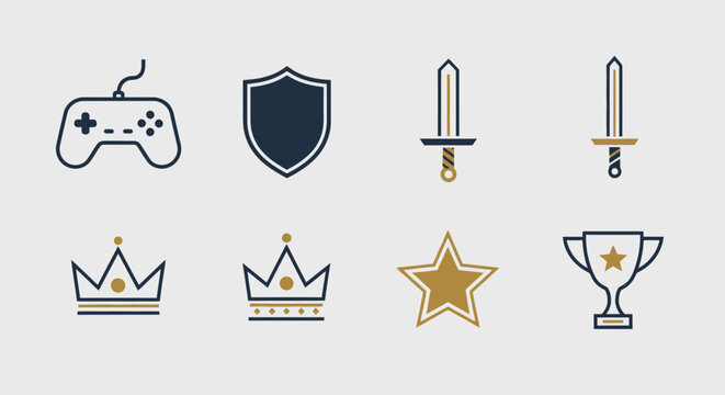 Gaming icons controller shield sword crown star trophy for conceptual design