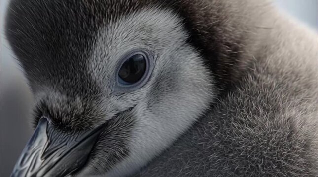 Close-up of a penguin chick's face with a soft, blurred background