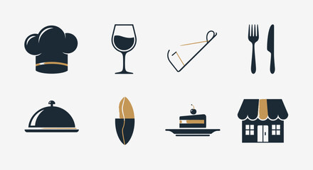 Culinary icons chef hat wine glass cutlery set food symbols on white