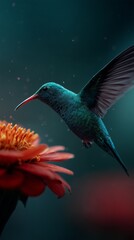 Fototapeta premium Close-up of a hummingbird feeding from a bright red flower, highlighting its iridescent feathers against a blurred background.