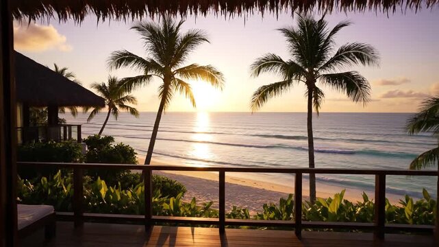 Sunset-view veranda over tropical beach, palm silhouettes, calm sea, wooden deck, tranquil mood now