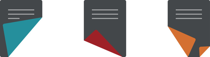 Colored school paper in a fold, office paper with valuable documents, sheets of paper with text, assets and finances, accounting report, vector web icons, printing text on A4 paper.