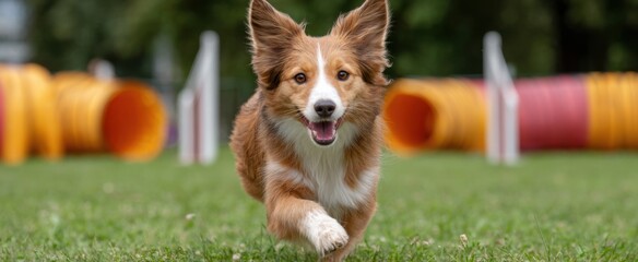 Fototapeta premium dog trainer joyfully guiding an enthusiastic dog through an exciting agility course