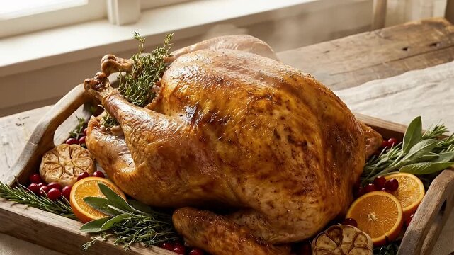 A beautifully golden-brown roasted poultry, glistening with savory juices, is presented on a rustic wooden platter. Wisps of steam gently rise from the perfectly cooked bird, surrounded by vibrant gar