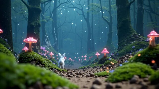 Cute white bunny walking through a magical forest with glowing mushrooms and soft light. Fantasy scene symbolizing innocence, adventure, wonder, and fairytale imagination.