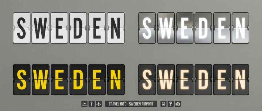 sweden airport split flap display title set with the word sweden spelled across flipboard tiles includes four different board styles