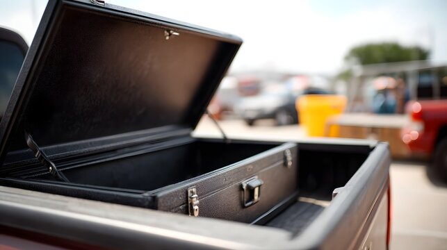An open black toolbox sits in the bed of a pickup truck on a sunny day