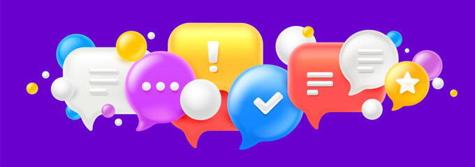 Fototapeta na wymiar Vector illustration of set of speech bubble with exclamation and check mark on color background. Social media and communication symbol with star. 3d style design of cloud of various size speech bubble
