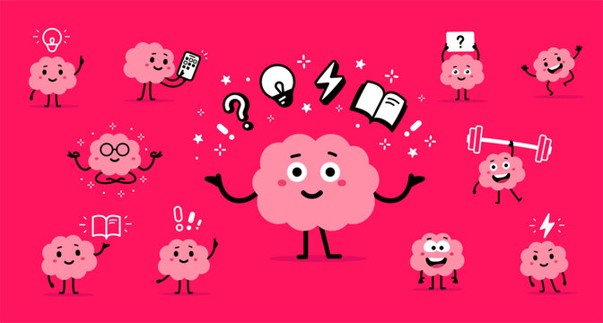 Vector collection of illustration of brain character. Flat doodle style design of set of cute happy smile pink brain in various pose. Strong educational mind character with question and dumbbell