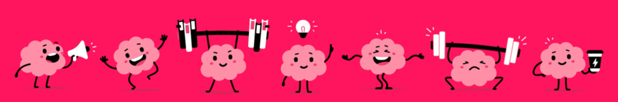 Vector set of illustration of happy brain character with barbell and megaphone. Flat doodle style design of collection of strong smile pink brain in various pose. Cute clever mind with light bulb