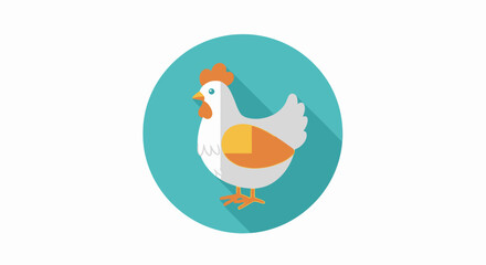 Cartoon chicken icon in teal circle with long shadow for various designs