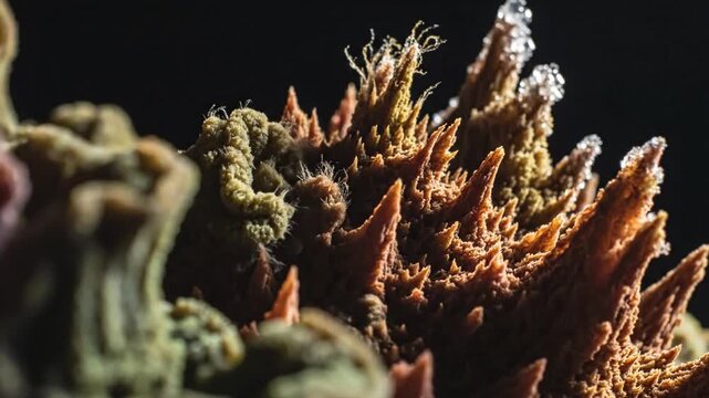 Close-up of jagged coral forms in earthy browns and greens, mineral textures glistening under light