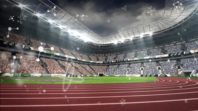 Animation of molecules floating over sports stadium