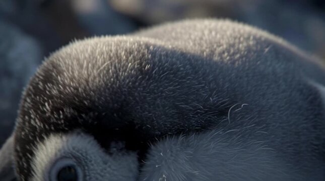 Close-up of a penguin's head with a shallow depth of field, showcasing its distinctive eye and feather pattern in a monochromatic color scheme.