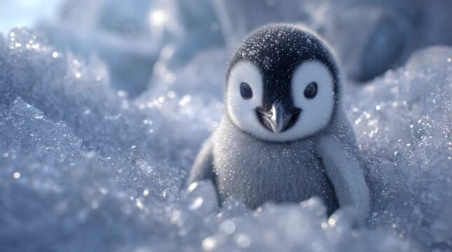 Cute penguin chick standing in icy snow with a cheerful expression in a cold, monochromatic environment.