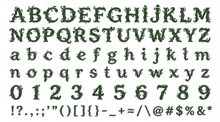 Fototapeta premium font alphabet in vine wrapped style from a to z numbers punctuation isolated on white background