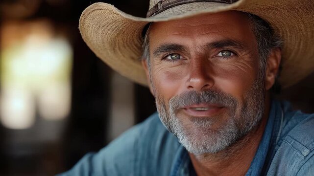 Rural man smiling at the camera during a sunny day in the countryside, showcasing authenticity and warmth in his expression and attire