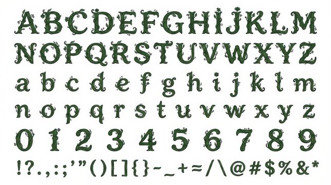 font alphabet in vine wrapped style from a to z numbers punctuation isolated on white background