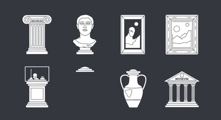 Museum artifacts and architecture vector illustrations for design projects