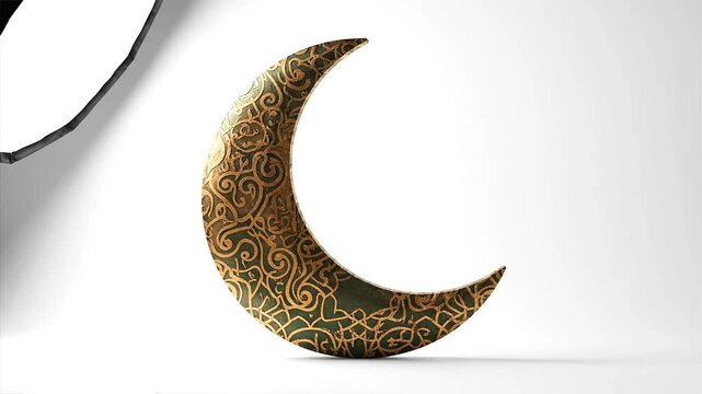 Decorative crescent moon with ornate pattern against a clean white backdrop