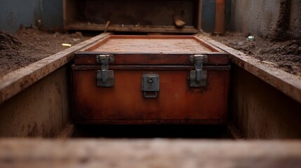 A weathered rusty metal toolbox with latches is locked shut and partially buried in a rough dark earthen trench