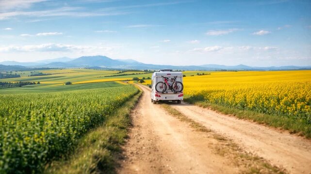 Camper van driving along rural dirt road through farmland. Holiday trip in motorhome.


