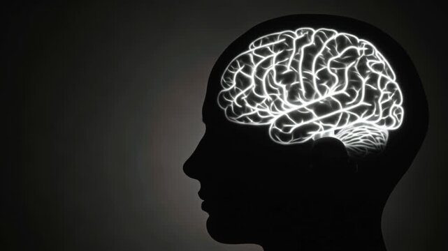 Cinematic 4K stock video, minimal black side profile head silhouette on white plane, single continuous white line forming intricate anatomical patterns inside head brain folds veins arteries animated