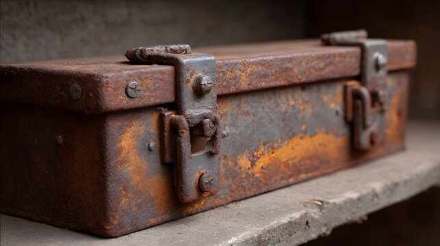 A heavily rusted metal box with intact latches and hinges rests on a rough surface in an industrial setting