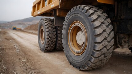 Obraz premium Close up of massive rugged tires and wheels of a yellow dump truck on a dirt construction road