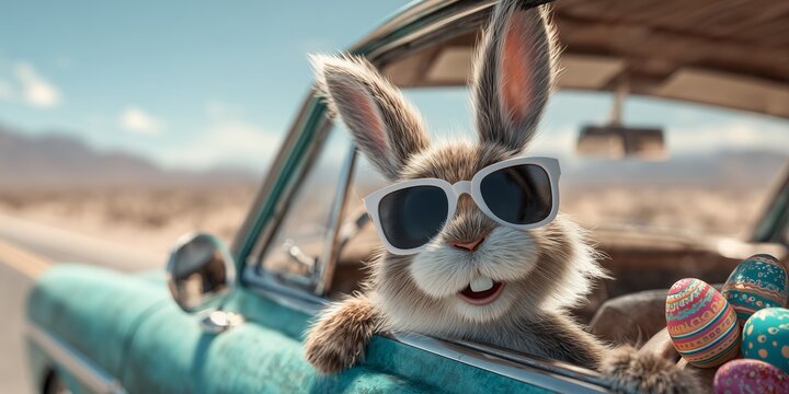 Easter Bunny Road Trip Adventure. Cute Easter Bunny with sunglasses looking out of a car filed with easter eggs