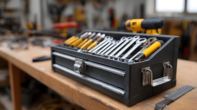 A metal toolbox filled with various wrenches and tools sits on a wooden workbench in a workshop