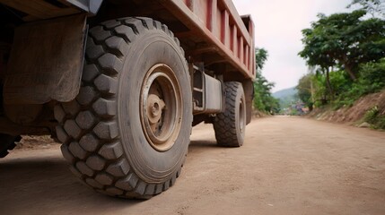 Obraz premium Massive dump truck tire resting on a dusty rural dirt road under an overcast sky