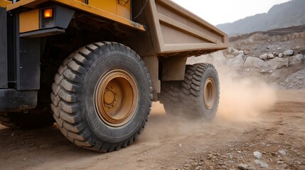 Large yellow dump truck s heavy wheels churning dust on a rough quarry terrain during ope n