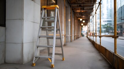 Obraz premium A metallic stepladder stands on an urban sidewalk next to construction scaffolding and a city street