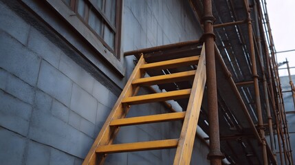 Yellow wooden ladder against textured grey wall next to rusty scaffolding