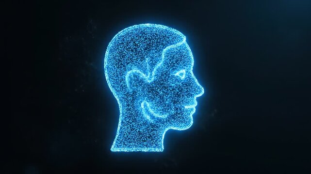 Glowing blue illustration of a human head in profile made of tiny particles on a dark background with neon lighting.