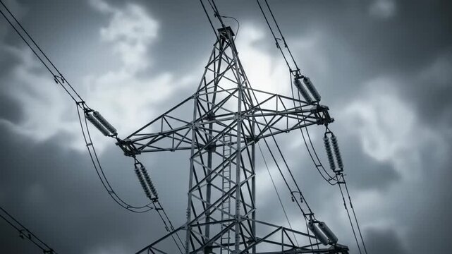 High voltage power lines and pylon against a dramatic cloudy sky, conveying energy.