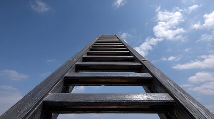 A wooden ladder reaches up towards a bright blue sky with white clouds seen from a low angle perspective