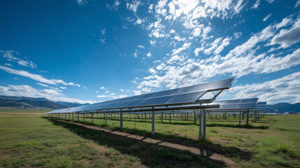 Fototapeta premium Solar panel farm under blue sky with clouds renewable energy and sustainable power generation landscape view