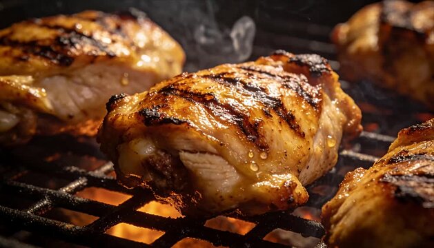 Grilled chicken barbecue closeup with smoke and flame, cinematic cooking food commercial shot of juicy charred glazed thighs on hot grill grate, sizzling fat, savory texture detail for advertising