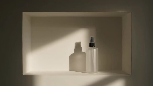 Minimalist Frosted Spray Bottle Mockup with Dramatic Shadows in White Niche for Cosmetic or Wellness Branding