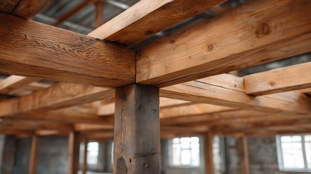 Rustic wooden beams and structural supports in an unfinished building interior