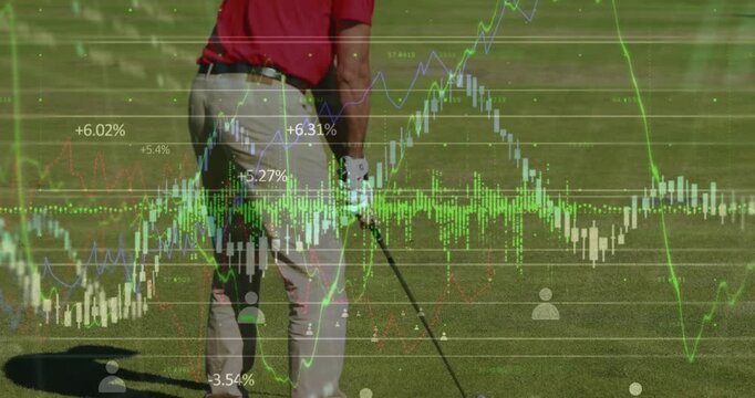Animation of data processing over male golf player on golf course