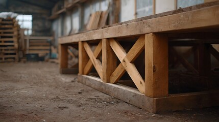 A rustic wooden structure with cross bracing supported in a dusty workshop interior
