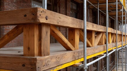 Rustic wooden structure under renovation with scaffolding against a brick building exterior