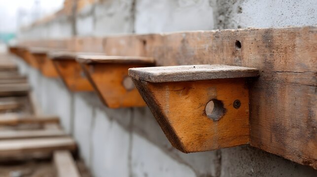 A row of weathered wooden support brackets is affixed to a grey concrete wall at an outdoor construction site