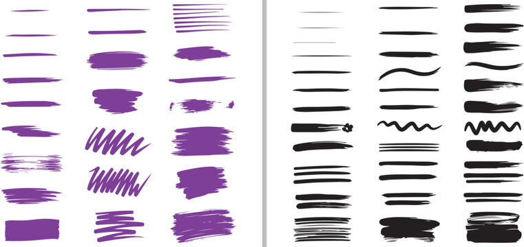 A collection of expressive brush strokes and hand-drawn marker textures in purple and black. Features various line weights, scribbles, and swatches for creative vector design and digital art.