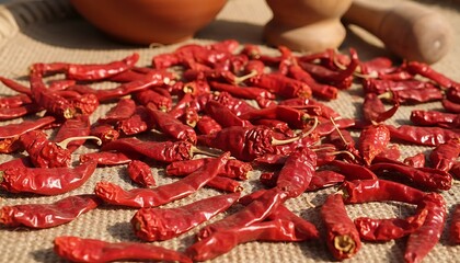 Dried Red Chili Peppers on Woven Mat in Sunlight