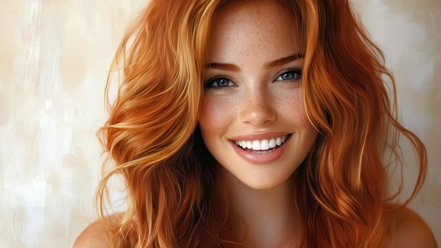 Smiling woman with long wavy hair and radiant expression enjoying a bright day indoors near a neutral wall, capturing a moment of warmth and joy